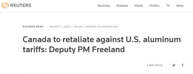 美國宣布對加拿大部分鋁產(chǎn)品恢復(fù)加征10%關(guān)稅，加方：將對等反制(圖1)